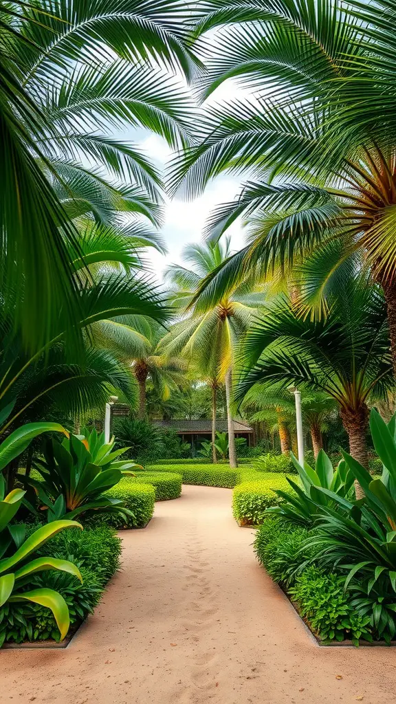 15 Stunning Labyrinth Garden Ideas for Your Outdoor Space 13 A sandy path surrounded by tropical plants, leading through a lush garden.