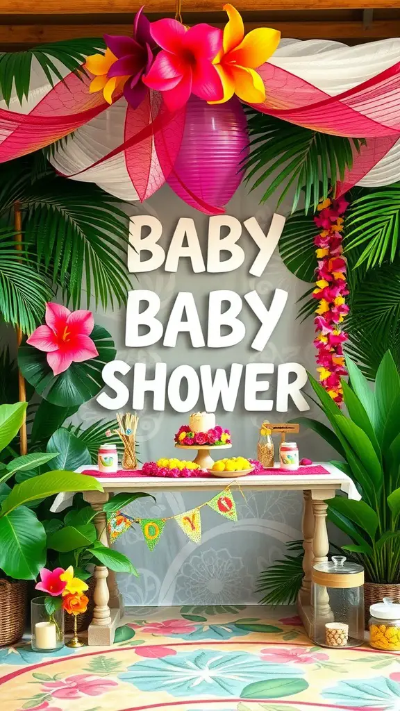 25 Creative Baby Shower Themes for September Celebrations 9 A vibrant Tropical Luau baby shower setup featuring a decorated table, bright flowers, and a cheerful sign.