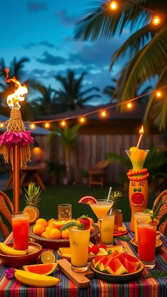 A vibrant tropical luau setup in a backyard with cocktails, fruits, tiki torches, and string lights.