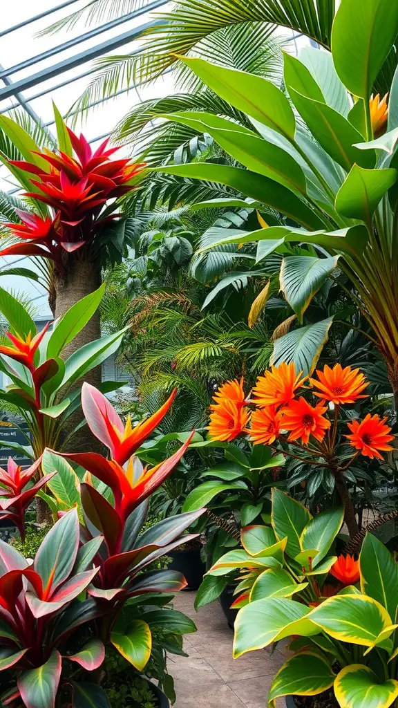 A vibrant tropical plant room filled with exotic plants, featuring large leaves and bright red and orange flowers.