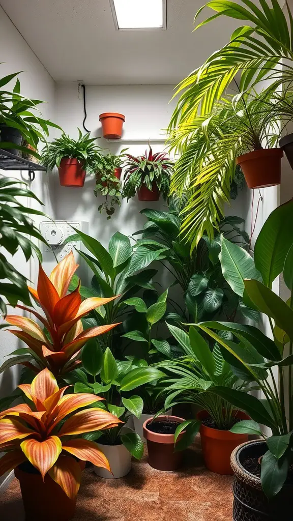 A vibrant basement plant room featuring various tropical plants in pots and hanging planters, showcasing a lush green environment.