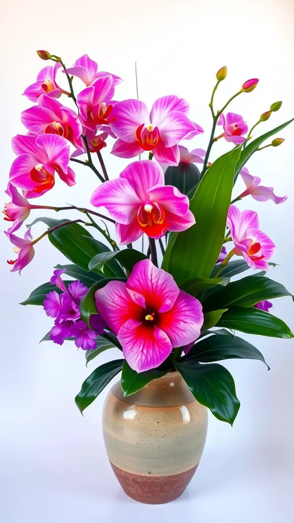 17 Stunning Flower Arrangement Ideas You’ll Love 8 A vibrant tropical flower arrangement featuring pink orchids and lush green leaves in a decorative vase.