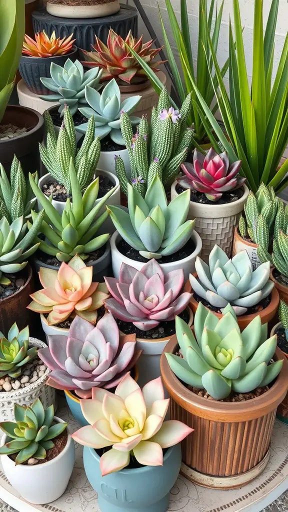 21 Stunning Tropical Garden Plants You Need to Grow 15 A vibrant arrangement of tropical succulents in various pots.