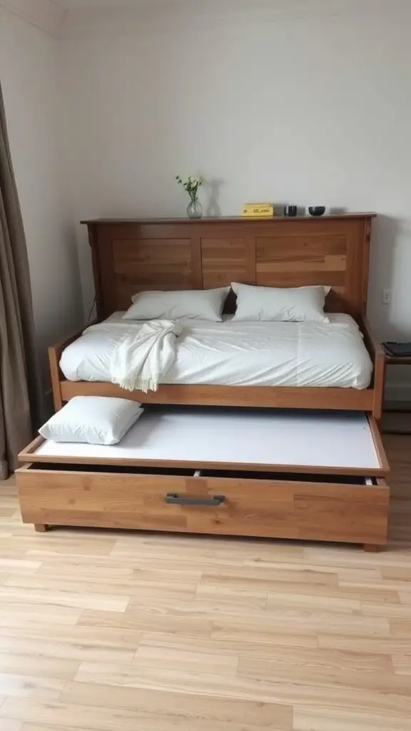 A wooden trundle bed with a top bed made up and a pull-out trundle underneath.