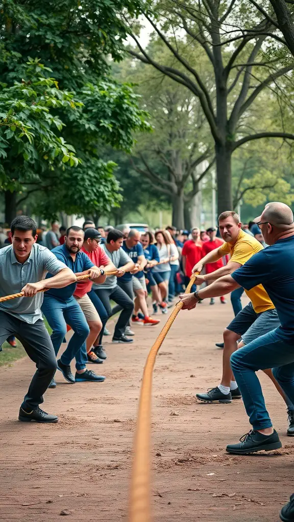 17 Fun Yard Games for Adults to Enjoy This Summer 17 Two teams of adults engaged in a tug of war, showing determination and teamwork.