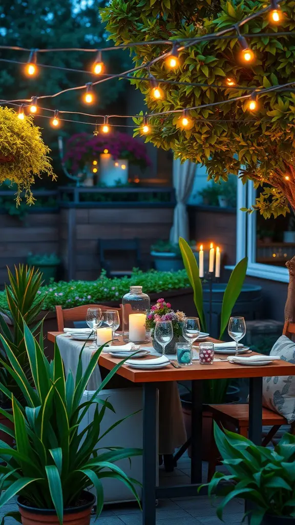 17 Stunning Backyard String Lights to Transform Your Outdoor Space 5 A cozy outdoor dining setup with twinkling bistro lights, a neatly arranged table, and lush greenery.