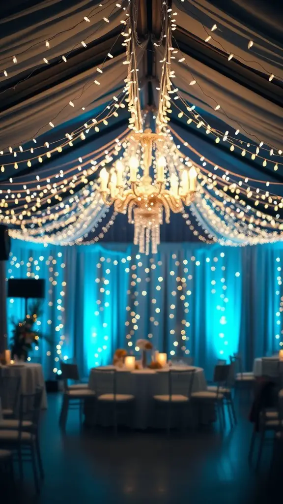 23 Creative Baby Shower Ideas for December Celebrations 5 A decorated venue with twinkling fairy lights and a chandelier, creating a festive atmosphere.