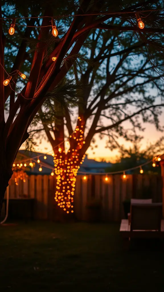 21 Affordable and Creative Backyard Wedding Ideas 10 Backyard with twinkling string lights hanging from trees at sunset