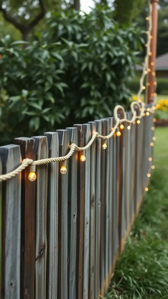 17 Stunning Backyard String Lights to Transform Your Outdoor Space 14 Twisted rope lights draped over a rustic wooden fence in a backyard setting