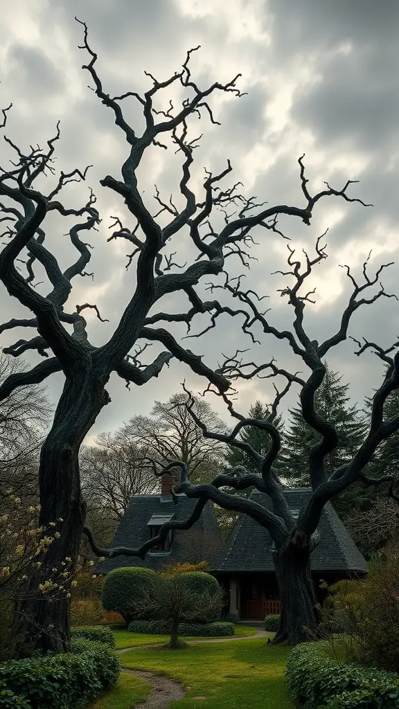 Twisted trees and shrubs in a gothic garden, with a house in the background and a cloudy sky above.