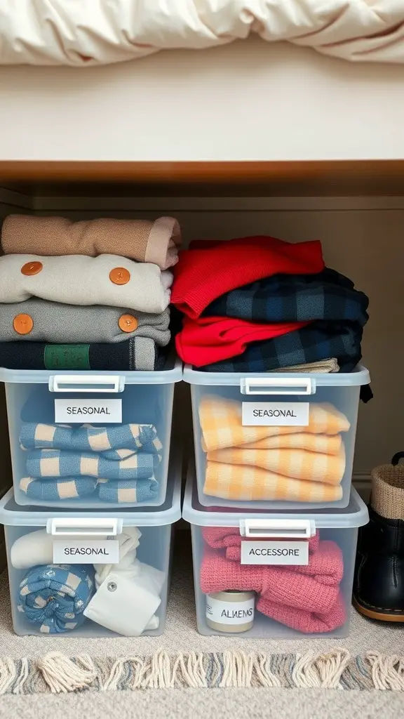 Under-bed storage bins filled with folded seasonal clothes and accessories.