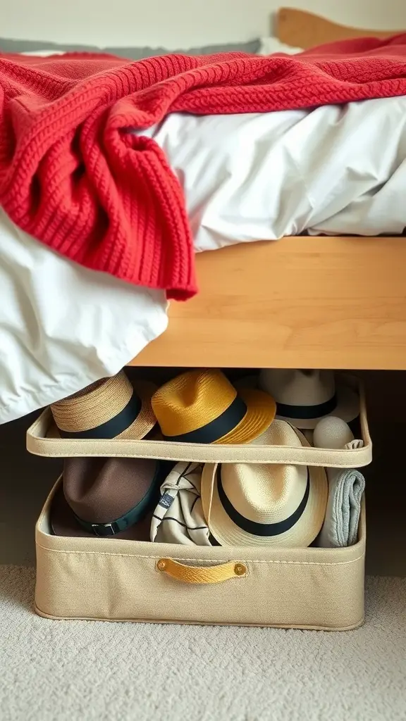 19 Creative Hat Storage Ideas for Every Space 5 Under-bed storage bins filled with various hats and a red blanket draped over the bed.