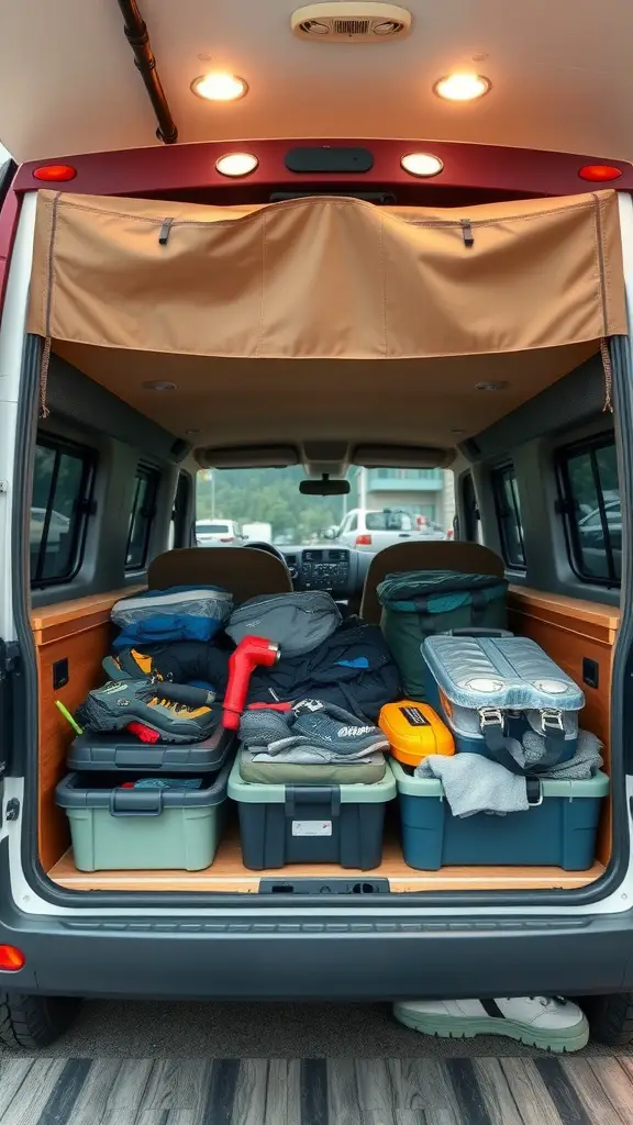A well-organized RV interior with various storage bins and containers stacked under a bed.