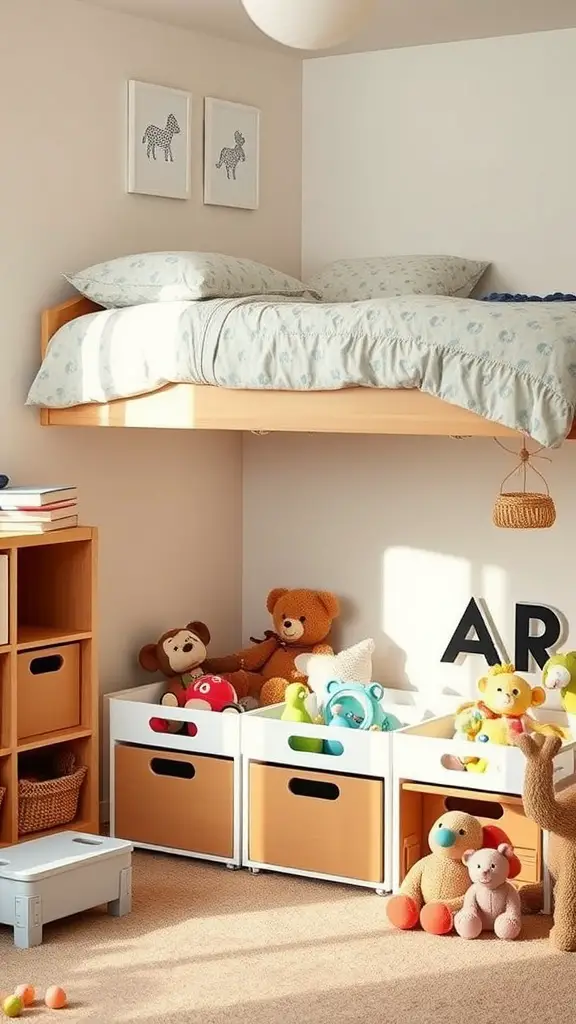 A playroom with a lofted bed and organized toy storage underneath.