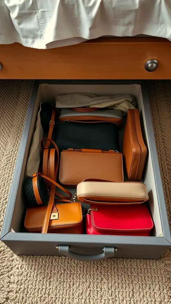 A neatly organized drawer under a bed containing various purses and bags.