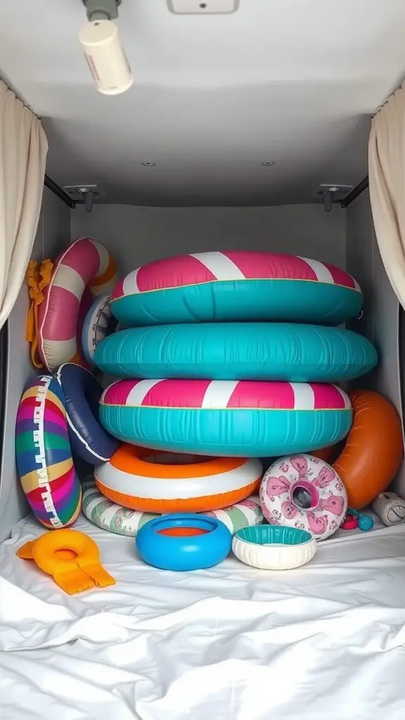 19 Creative Pool Float Storage Ideas You'll Love 6 Colorful pool floats stacked neatly under a bed, demonstrating effective storage solutions.