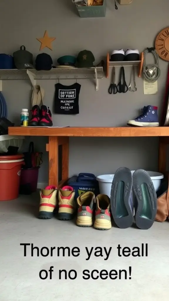 Image of a garage with organized shoe storage under a workbench, showcasing various footwear.