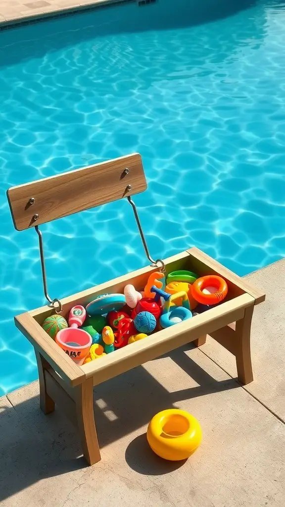 15 Creative Pool Toy Storage Ideas to Keep Your Backyard Organized 2 A wooden bench filled with colorful pool toys beside a swimming pool