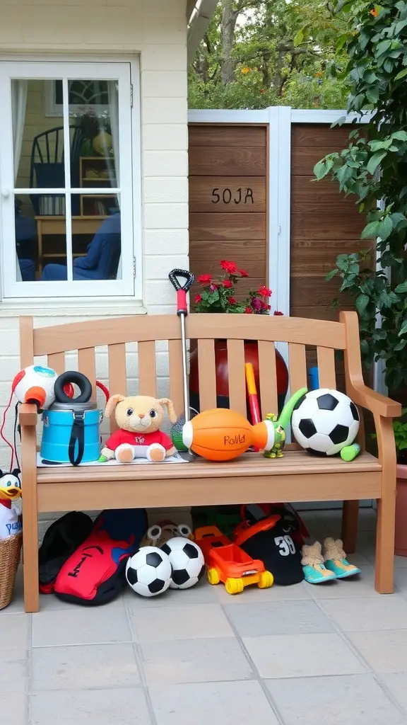 23 Creative Outdoor Toy Storage Ideas for a Clutter-Free Yard 5 A wooden bench with outdoor toys stored underneath, including soccer balls and a plush toy, set in a garden area.