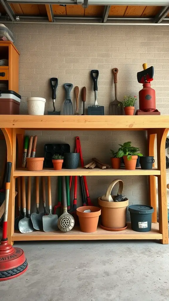 A wooden bench with gardening tools and pots organized on shelves.