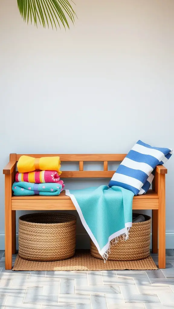 27 Creative Pool Towel Storage Solutions You Need to Try 5 A wooden bench with colorful towels and woven baskets underneath for towel storage.