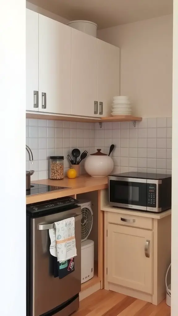 Compact kitchen featuring under-counter storage solutions with a microwave, refrigerator, and open shelves.