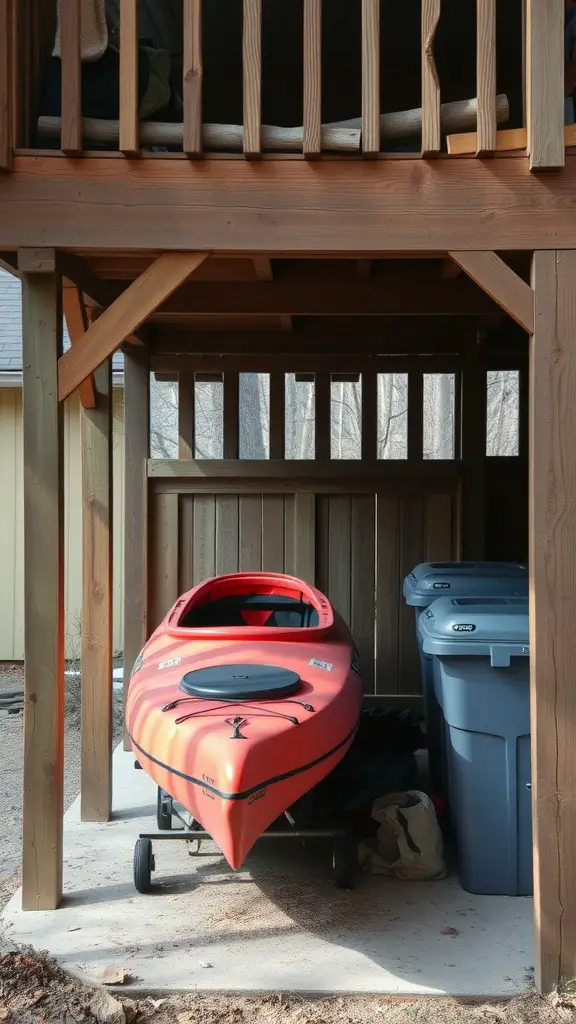 25 Creative Kayak Storage Ideas for Small Spaces 2 A red kayak stored under a wooden deck with storage bins nearby.