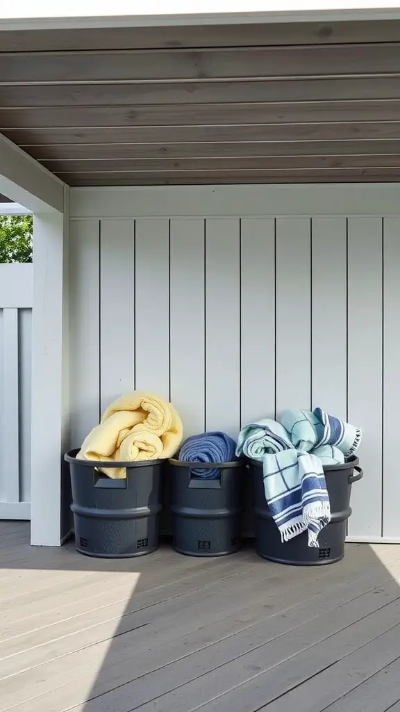 27 Creative Pool Towel Storage Solutions You Need to Try 12 Three storage bins under a deck holding colorful pool towels.