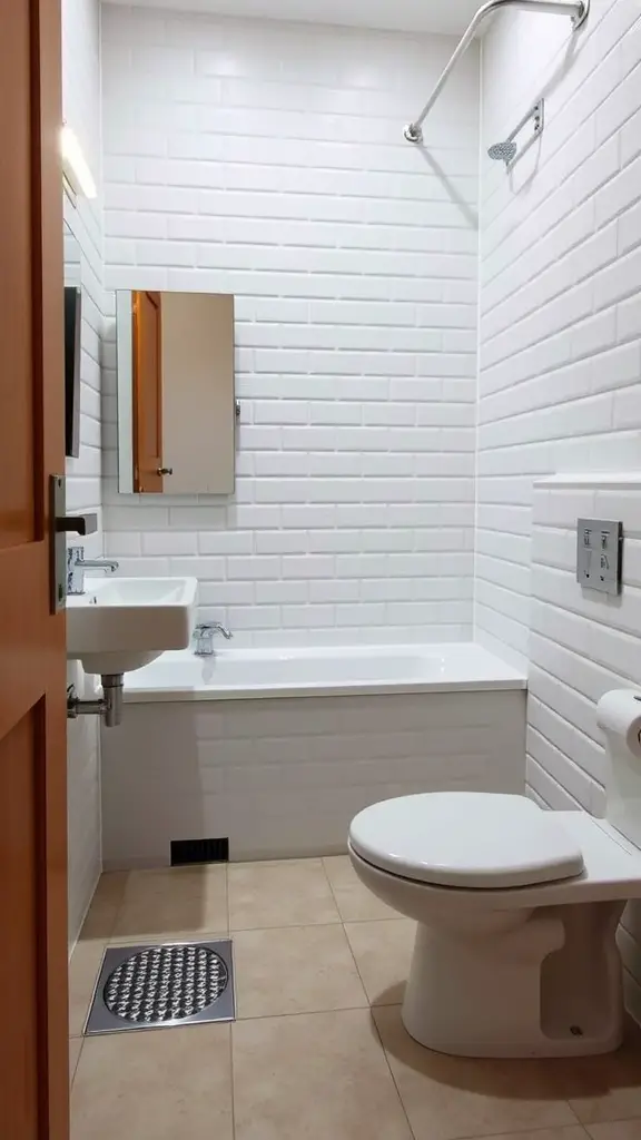 A modern small bathroom with a clean design featuring a bathtub, sink, and toilet.