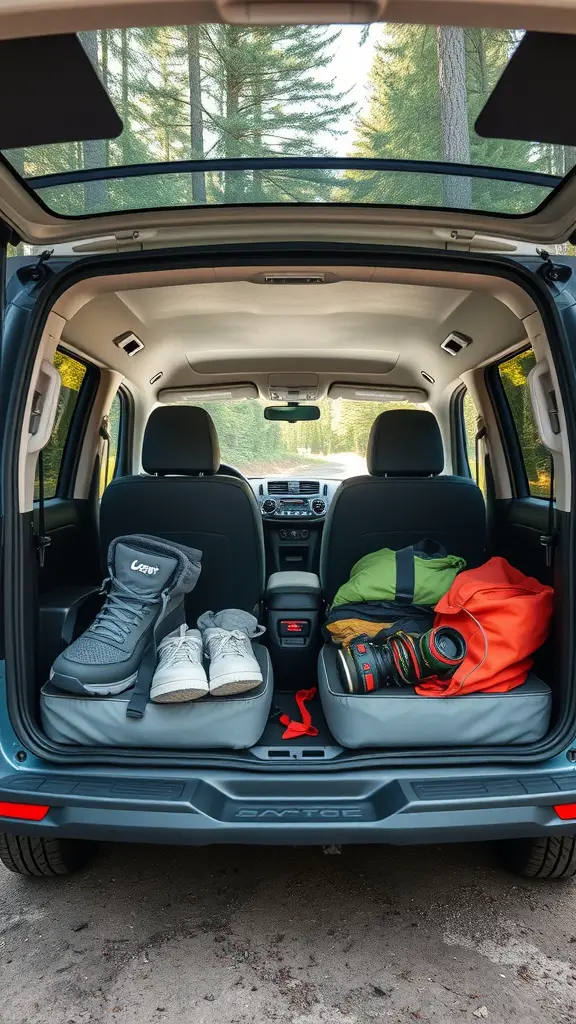 19 Clever Camper Storage Ideas for Your Next Adventure 11 Image of a camper interior showing organized under-seat storage with shoes, a backpack, and camera gear.