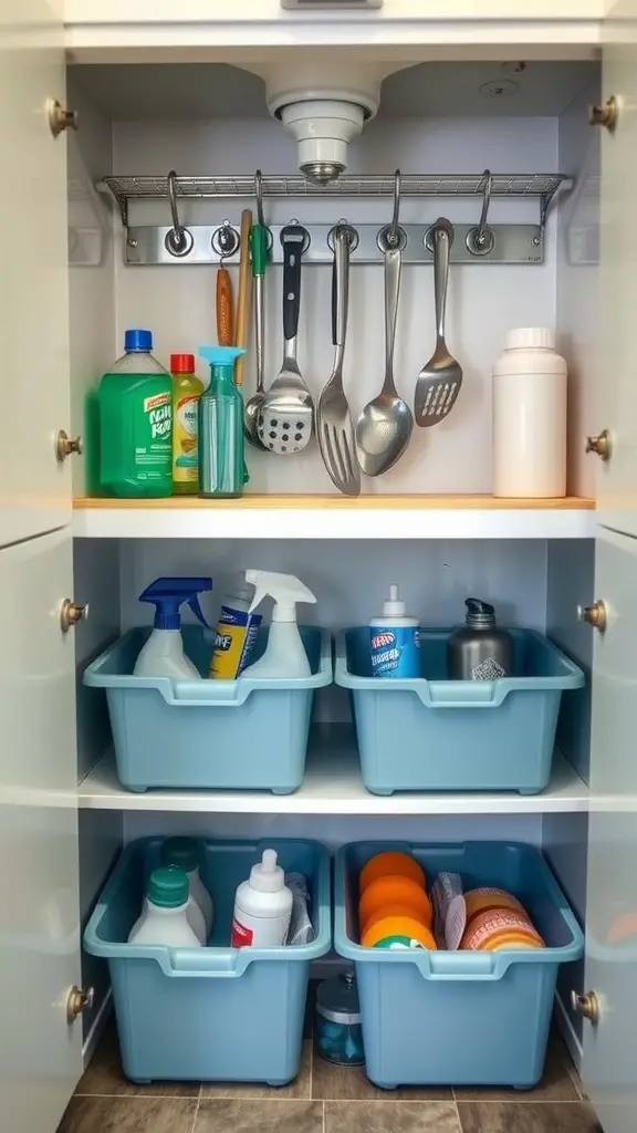 17 Genius Storage Solutions for Small Kitchens 4 Organized under-sink storage with utensils on a rack and blue bins for cleaning supplies.