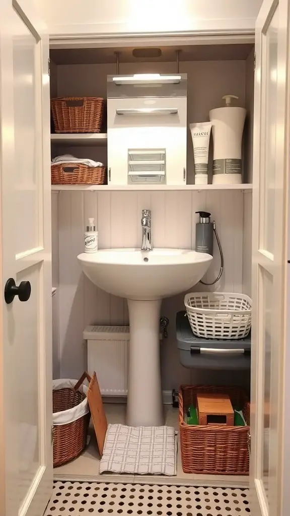 Organized under-sink storage with wicker baskets and bins