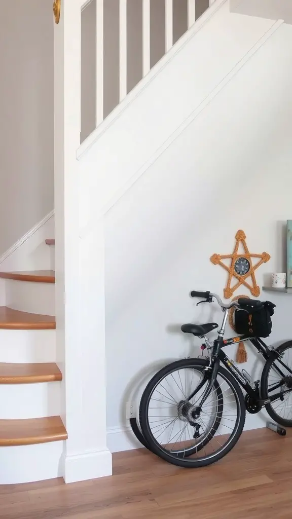 21 Creative Bike Storage Ideas for Small Spaces 4 A cozy under-stair bike storage area with two bikes parked neatly.