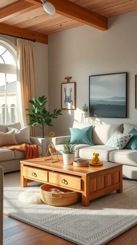 25 Creative Living Room Toy Storage Ideas for a Clutter-Free Space 11 Cozy living room with a wooden coffee table and under-table toy storage solutions.
