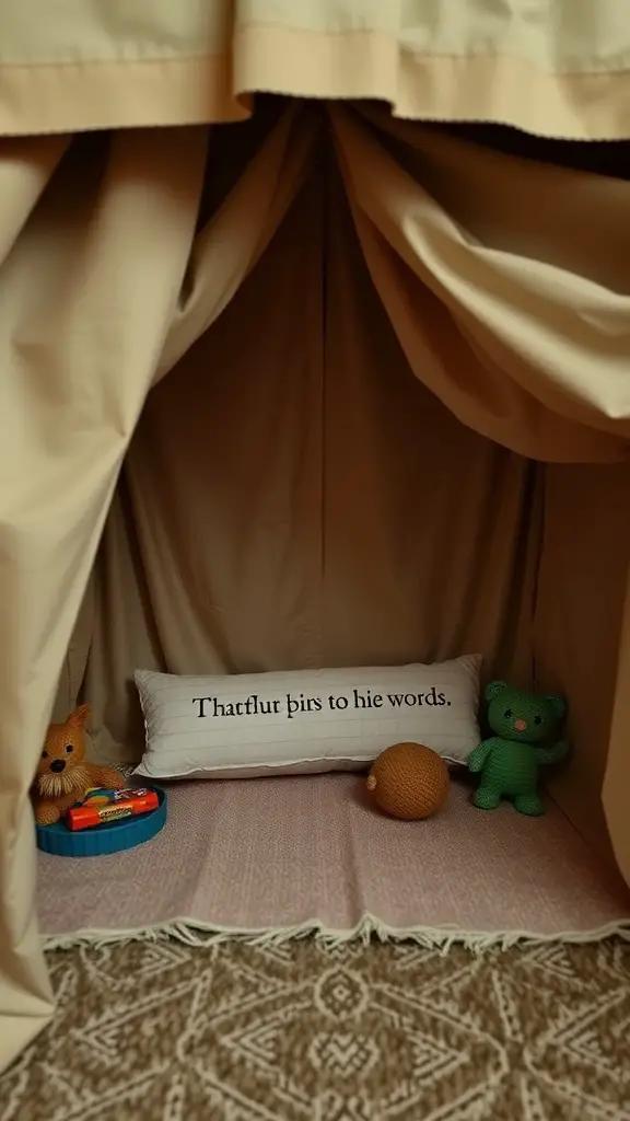 13 Creative Fort Ideas for Endless Indoor Fun 6 A cozy under-the-table fort with beige fabric, a blanket, and plush toys inside.
