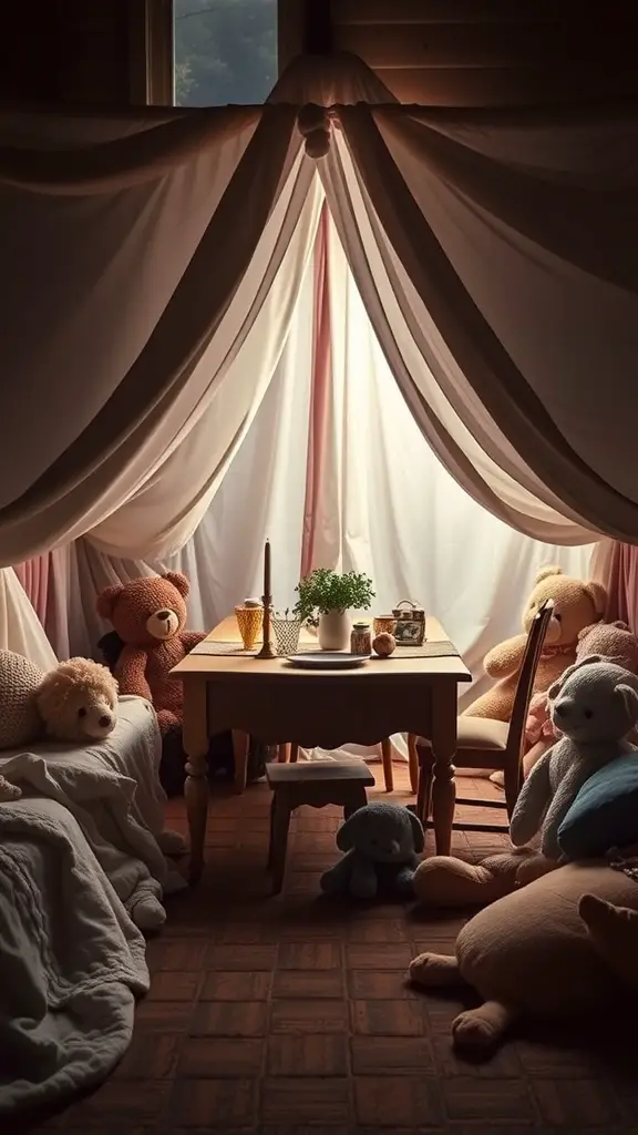 21 Creative Indoor Fort Ideas for Kids 9 Cozy indoor fort made under a table with draped fabric and stuffed animals.