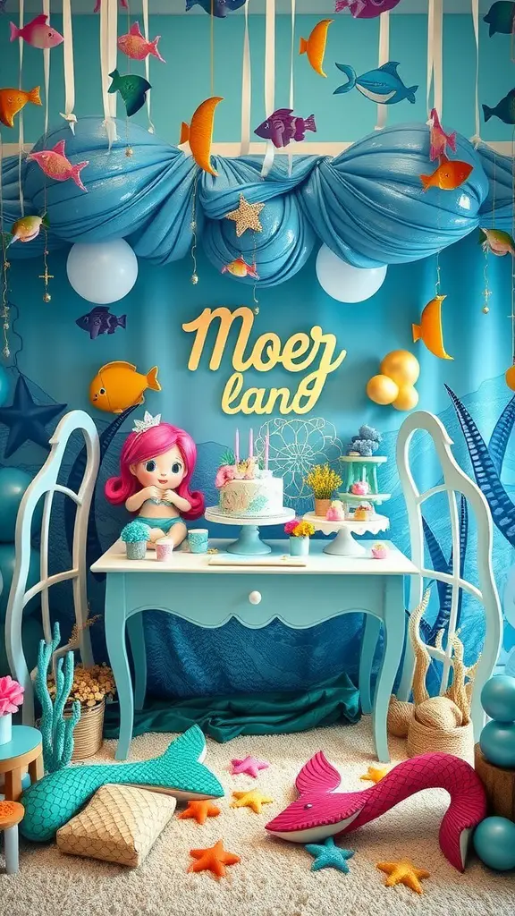 A colorful Under the Sea baby shower setup featuring a doll, ocean-themed decorations, and a decorated cake.