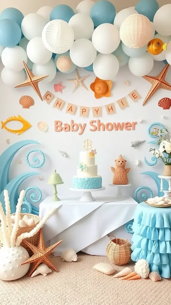 25 Creative Baby Shower Themes for September Celebrations 17 A decorated baby shower setup with an Under the Sea theme featuring balloons, a cake, and ocean-themed decorations.