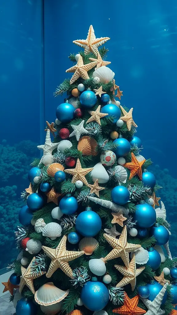 17 Creative Dollar Tree Christmas Tree Ideas on a Budget 2 A Christmas tree decorated in an under the sea theme with seashells, starfish, and blue ornaments.