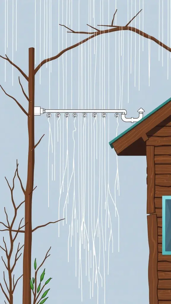 25 Creative Rain Chain Drainage Ideas for Your Home 5 An illustration of a rain chain attached to a wooden house, with water cascading down.