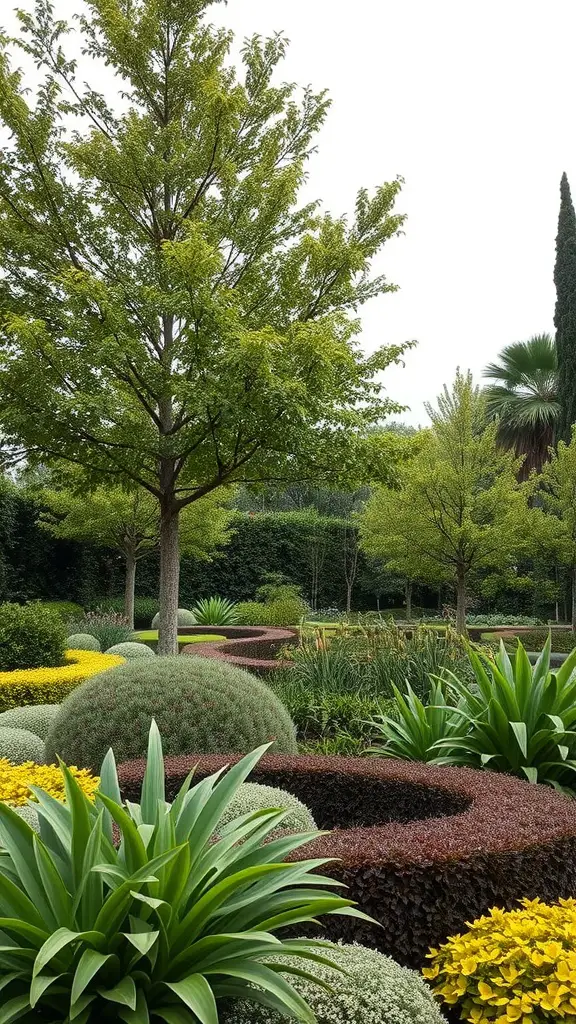 A layered garden design with tall trees and colorful low plants