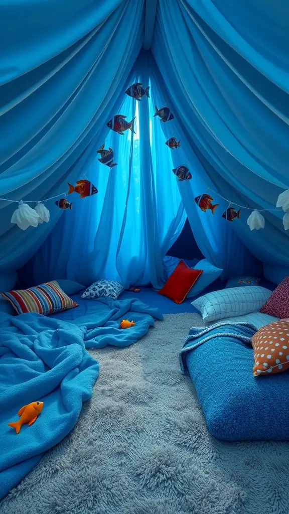 23 Creative Blanket Fort Ideas for Ultimate Cozy Fun 8 A cozy blanket fort resembling an underwater scene, with blue drapes, colorful pillows, and fish decorations.