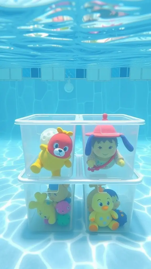15 Creative Pool Toy Storage Ideas to Keep Your Backyard Organized 12 Underwater storage bins filled with colorful plush toys in a swimming pool.