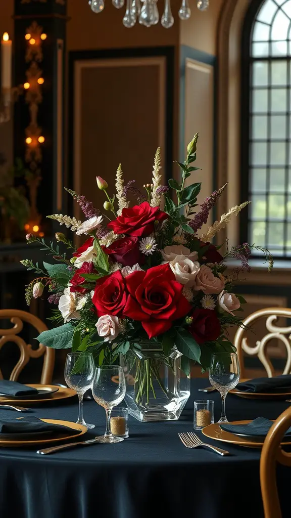 19 Stunning Wedding Floral Centerpieces to Inspire Your Big Day 15 A floral centerpiece featuring red and pink roses in a clear vase on a black tablecloth with elegant glassware.