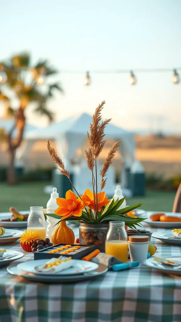 25 Creative Baby Q Shower Ideas to Celebrate Your Little One 15 A beautifully set table for a Baby Q celebration, featuring flowers, fruits, and decorative elements.
