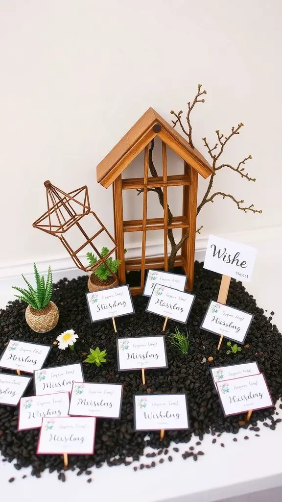 Fairy garden themed guest book with wooden house, plants, and wish cards