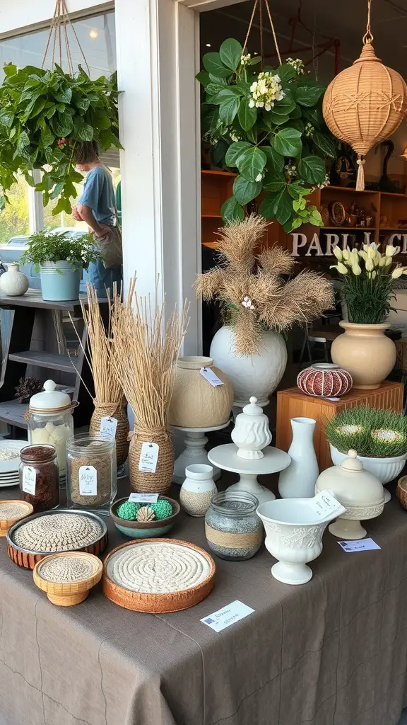 21 Creative Garage Sale Ideas to Boost Your Sales 5 A display of unique handmade crafts including pottery, woven items, and decorative pieces at a garage sale.