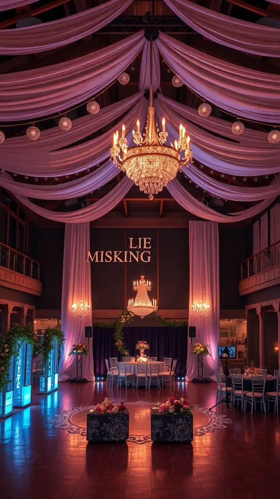 21 Stunning Indoor Wedding Ideas You've Got to See 13 A beautifully decorated wedding venue featuring a chandelier, draped fabric, and warm lighting.