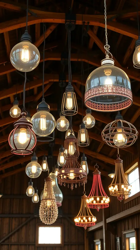 Various unique lighting fixtures hanging from a wooden ceiling.