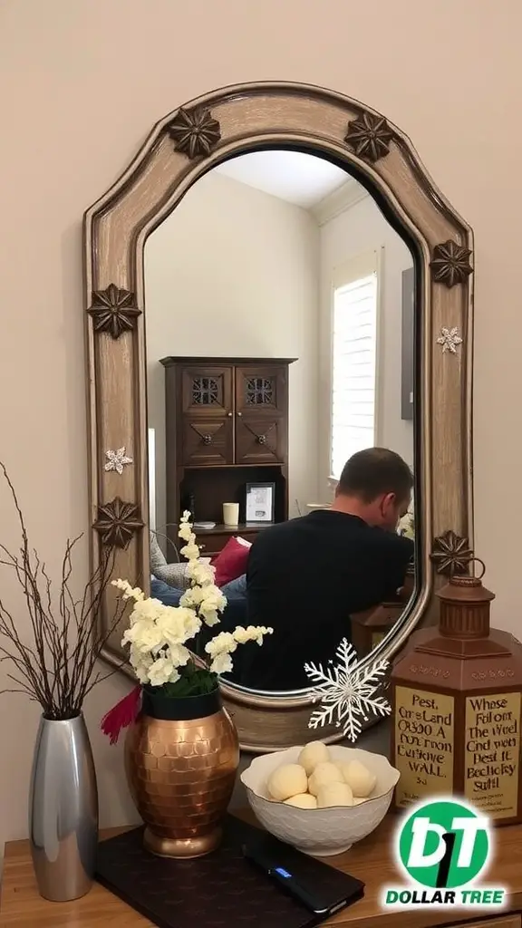 A beautifully decorated mirror with a unique frame featuring star-shaped accents, surrounded by vases and decor items.
